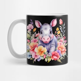 A baby hippo decorated with beautiful watercolor flowers Mug